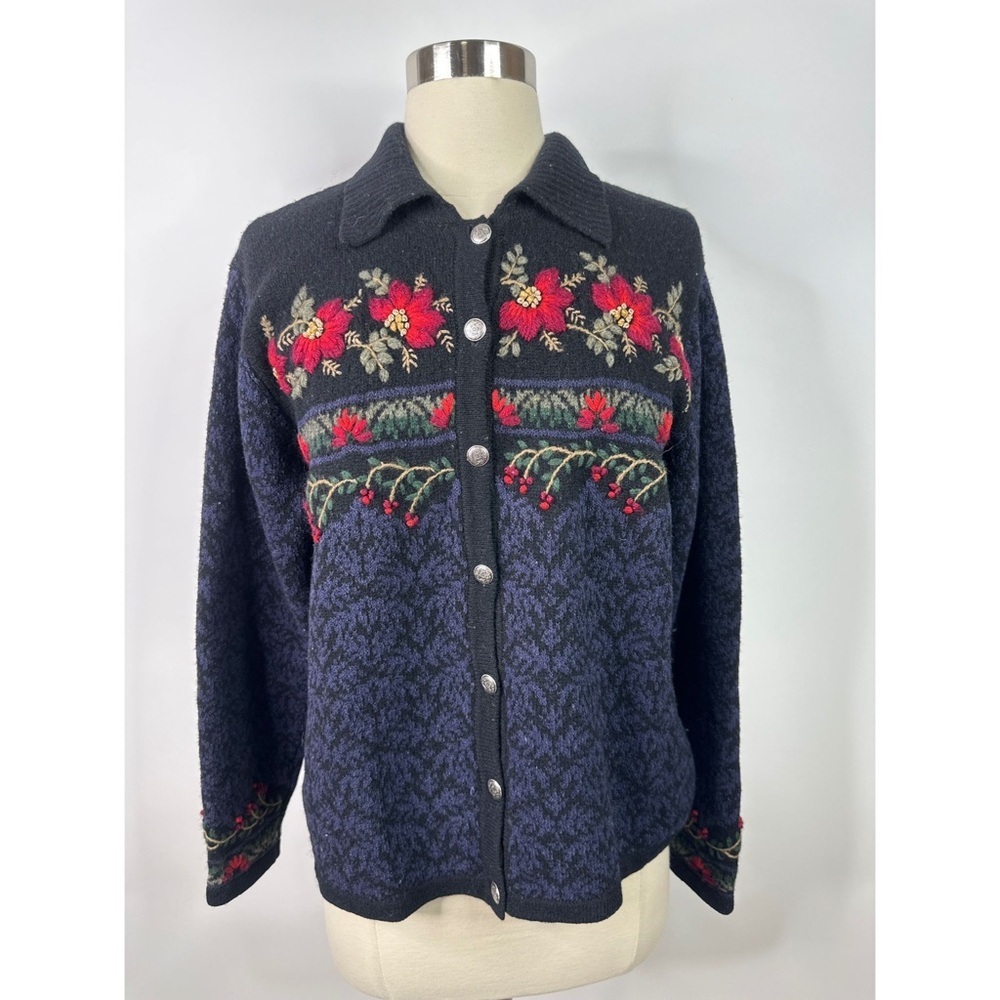 Talbots Navy Button-Front Cardigan with Red Floral Embroidery